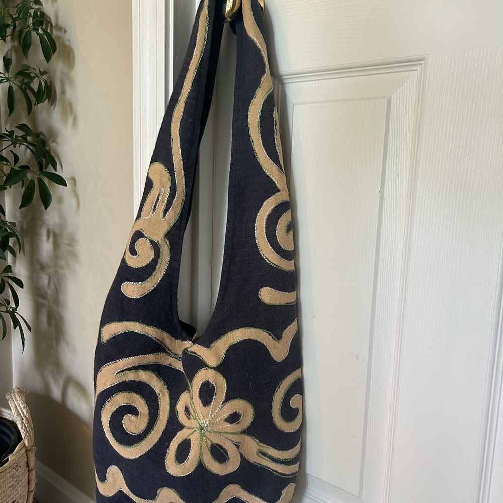 Boho Floral Embroidered Hobo Bag in Navy and Tan with green accent threading